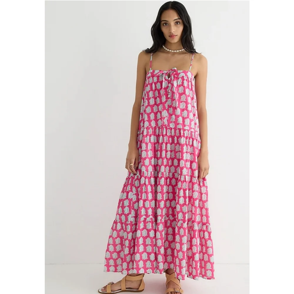 81. SZ Blockprints™ X J.Crew tie-front tiered maxi dress in bright-pink paisley - Picture 2 of 13